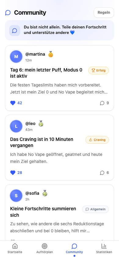 Community-Bildschirm von No Vape mit Beiträgen und Unterstützung durch andere Menschen