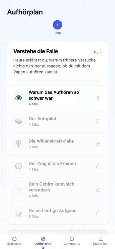 Bildschirm des No Vape-Aufhörplans mit den heutigen Lektionen