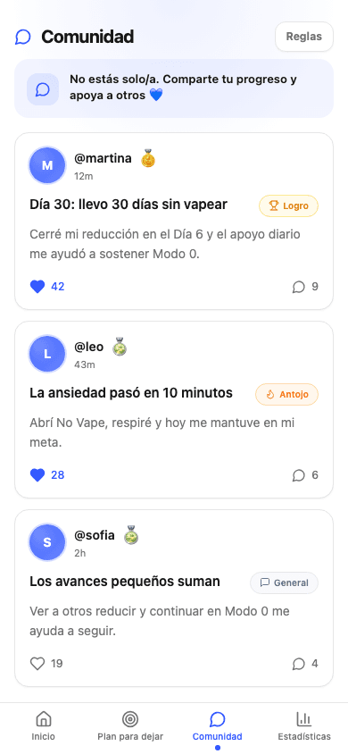 Pantalla de comunidad de No Vape en español con publicaciones de apoyo