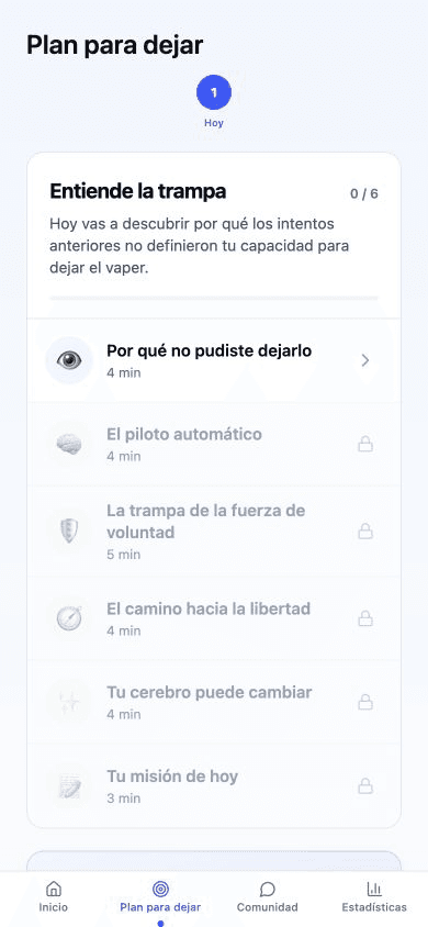 Pantalla del plan de No Vape en español con las lecciones del día