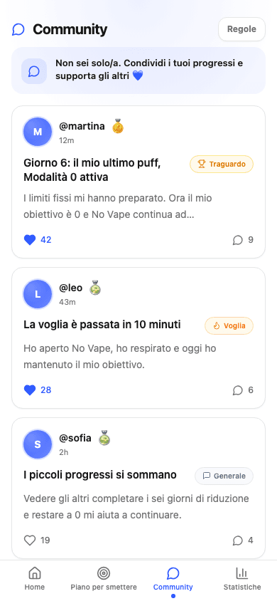 Schermata della community di No Vape con post, traguardi e supporto tra utenti