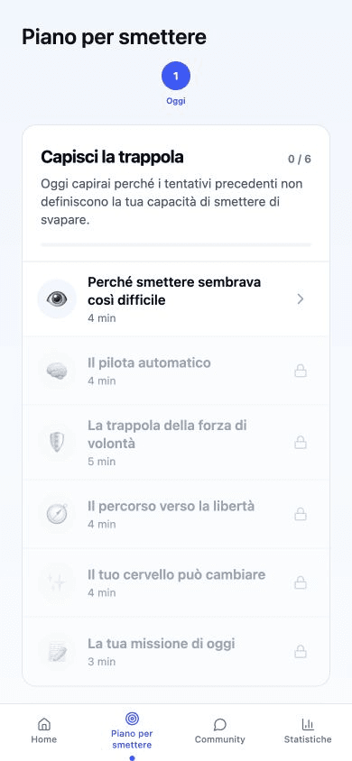 Schermata del piano per smettere di No Vape con le lezioni giornaliere del percorso