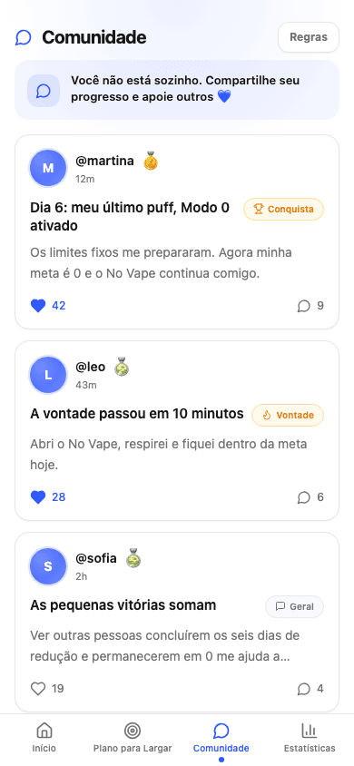 Tela da comunidade do No Vape com publicações, conquistas e apoio entre usuários