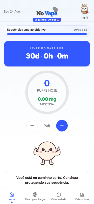Tela inicial do No Vape com uma sequência de 30 dias, tempo sem vape e contador de tragadas de hoje