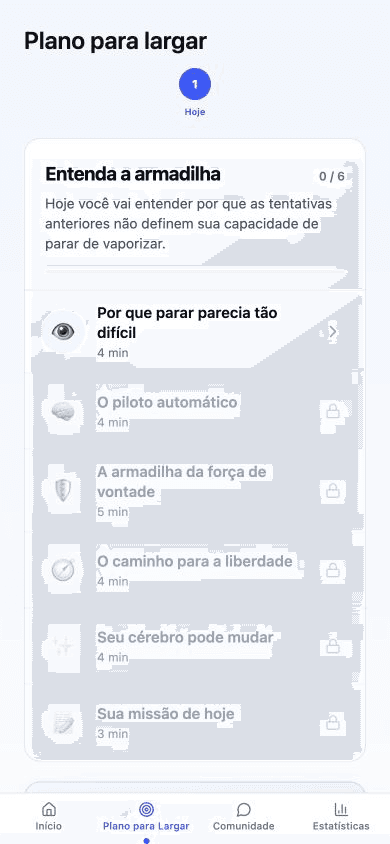 Tela do plano para parar do No Vape com as lições diárias da jornada