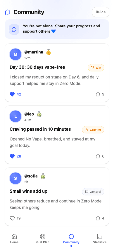 No Vape community screen in English with support posts