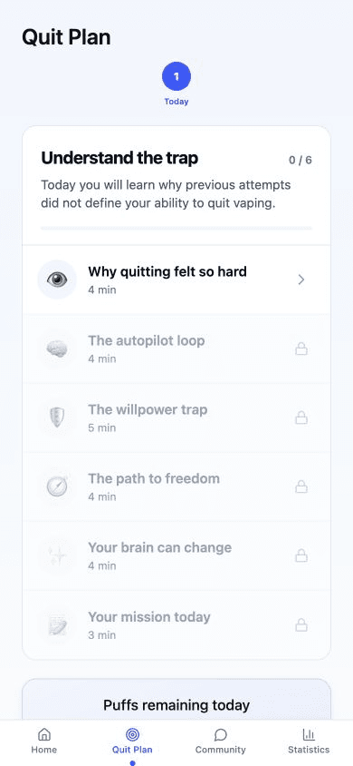No Vape quit plan screen in English with today's lessons