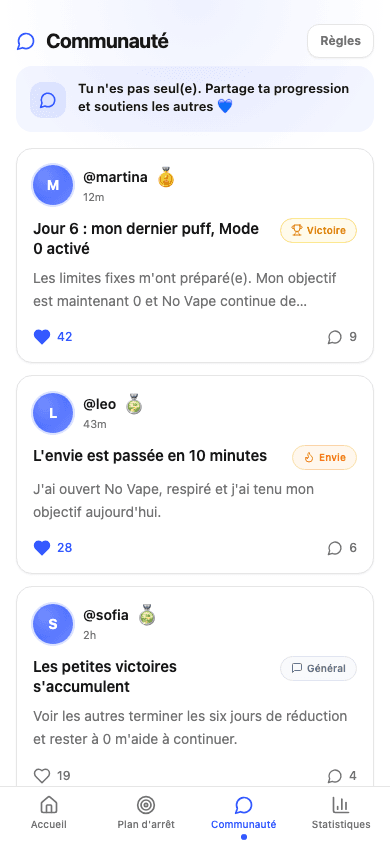 Écran de la communauté No Vape avec des publications et le soutien d’autres personnes