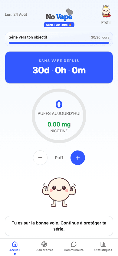 Écran d’accueil de No Vape avec la série et le temps écoulé sans vapoter