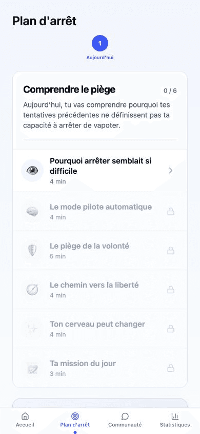 Écran du programme d’arrêt No Vape avec les leçons du jour