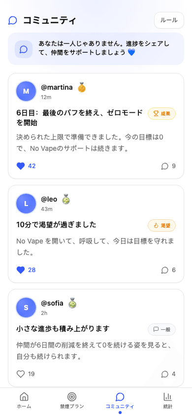 利用者の投稿、達成報告、応援を表示するNo Vapeのコミュニティ画面