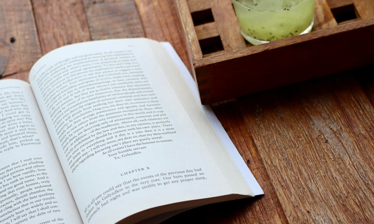 Open book on a cafe table